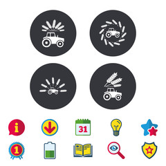 Tractor icons. Wreath of Wheat corn signs. Agricultural industry transport symbols. Calendar, Information and Download signs. Stars, Award and Book icons. Light bulb, Shield and Search. Vector