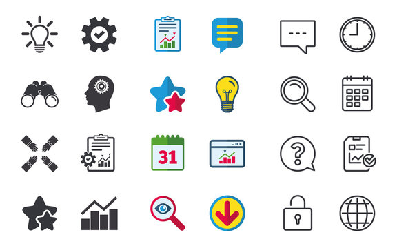 Lamp idea and head with gear icons. Graph chart diagram sign. Teamwork symbol. Chat, Report and Calendar signs. Stars, Statistics and Download icons. Question, Clock and Globe. Vector