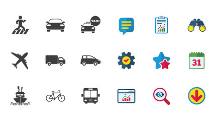 Transport icons. Car, bike, bus and taxi signs. Shipping delivery, pedestrian crossing symbols. Calendar, Report and Download signs. Stars, Service and Search icons. Statistics, Binoculars and Chat