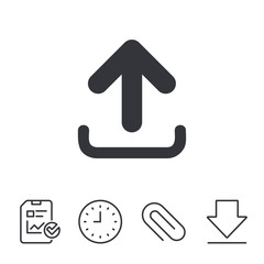 Upload sign icon. Load data symbol. Report, Time and Download line signs. Paper Clip linear icon. Vector