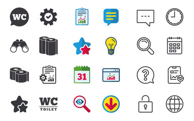 Toilet paper icons. Gents and ladies room signs. Paper towel or kitchen roll. Speech bubble symbol. Chat, Report and Calendar signs. Stars, Statistics and Download icons. Question, Clock and Globe
