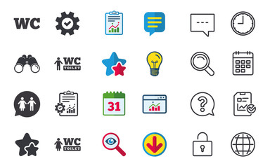 WC Toilet icons. Gents and ladies room signs. Man and woman speech bubble symbol. Chat, Report and Calendar signs. Stars, Statistics and Download icons. Question, Clock and Globe. Vector