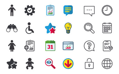 WC toilet icons. Human male or female signs. Baby infant or toddler. Disabled handicapped invalid symbol. Chat, Report and Calendar signs. Stars, Statistics and Download icons. Vector