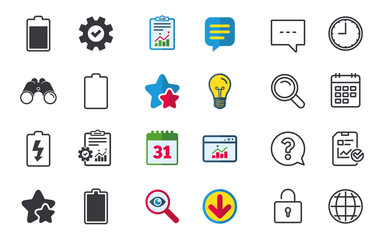 Battery charging icons. Electricity signs symbols. Charge levels: full, empty. Chat, Report and Calendar signs. Stars, Statistics and Download icons. Question, Clock and Globe. Vector