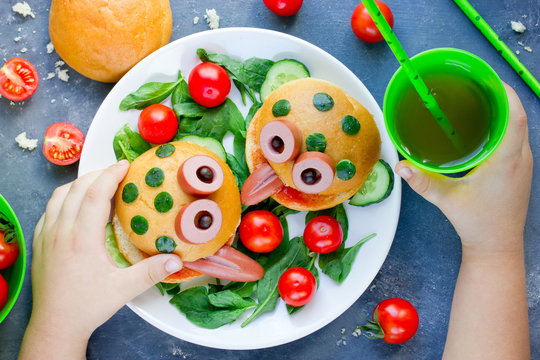 Fun frog hamburger with with vegetables for kids