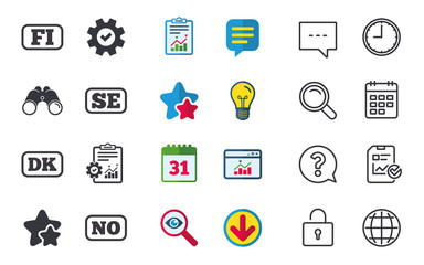 Language icons. FI, DK, SE and NO translation symbols. Finland, Denmark, Sweden and Norwegian languages. Chat, Report and Calendar signs. Stars, Statistics and Download icons. Vector