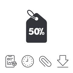 50% sale price tag sign icon. Discount symbol. Special offer label. Report, Time and Download line signs. Paper Clip linear icon. Vector