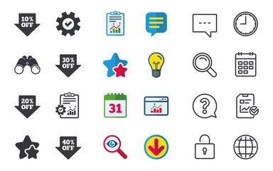 Sale arrow tag icons. Discount special offer symbols. 10%, 20%, 30% and 40% percent off signs. Chat, Report and Calendar signs. Stars, Statistics and Download icons. Question, Clock and Globe. Vector