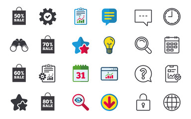 Sale bag tag icons. Discount special offer symbols. 50%, 60%, 70% and 80% percent sale signs. Chat, Report and Calendar signs. Stars, Statistics and Download icons. Question, Clock and Globe. Vector