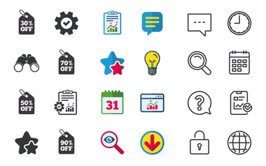 Sale price tag icons. Discount special offer symbols. 30%, 50%, 70% and 90% percent off signs. Chat, Report and Calendar signs. Stars, Statistics and Download icons. Question, Clock and Globe. Vector