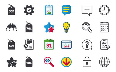 Sale price tag icons. Discount special offer symbols. 30%, 50%, 70% and 90% percent discount signs. Chat, Report and Calendar signs. Stars, Statistics and Download icons. Question, Clock and Globe