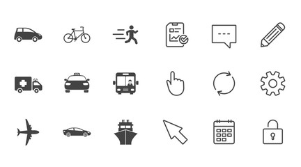 Transport icons. Car, bike, bus and taxi signs. Shipping delivery, ambulance symbols. Chat, Report and Calendar line signs. Service, Pencil and Locker icons. Click, Rotation and Cursor. Vector