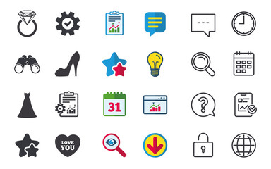 Wedding dress icon. Women's shoe and love heart symbols. Wedding or engagement day ring with diamond sign. Chat, Report and Calendar signs. Stars, Statistics and Download icons. Vector