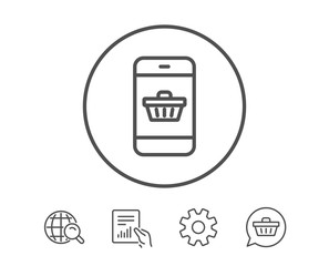 Mobile Shopping cart line icon. Smartphone Online buying sign. Supermarket basket symbol. Hold Report, Service and Global search line signs. Shopping cart icon. Editable stroke. Vector