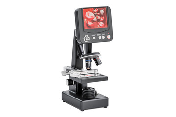 Digital modern microscope with  screen, biotechnology research of blood cells concept. 3D rendering