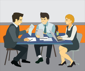 Group of young business people working and communicating together in modern office. Corporate business team discussing project plans concept illustration vector.