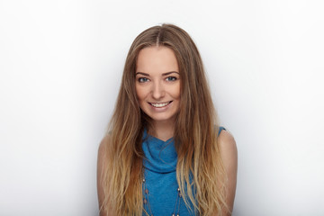 Obraz premium Headshot of young adorable blonde woman with cute smile on white background