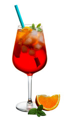 Glass of spritz long drink coctail isolated on white background