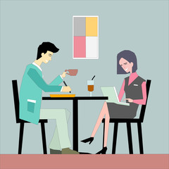 Young and happy business people working at coffee table drinking coffee and drink. Relaxed working concept illustration vector.