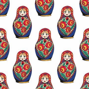 Nesting doll. The traditional symbol of Russia. Hand drawing. Vector seamless pattern