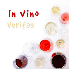 Set of wine glasses with red, white and rose wine, wine testing set, top view scene with copy space