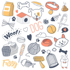 Pets Hand Drawn Doodle with Cats, Dogs and Parrot. Vector illustration