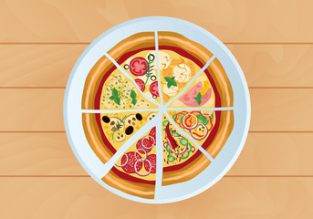 Whole sliced pizza top view icon vector on a wooden background. Pizza on a plate vector illustration. Different kind of pizza flavors drawing