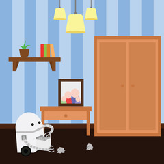 Domestic robot doing cleaning in a room collecting clutter. Personal robot housekeeping futuristic concept illustration vector.