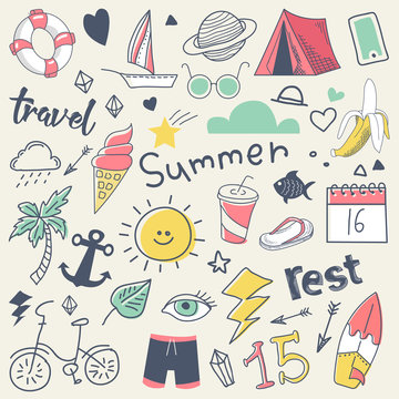 Summer Vacation Freehand Hand Drawn Doodle with Sun, Surf and Camp. Vector illustration