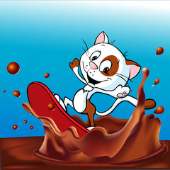 milk design with cute cat surfing on chocolate splash cartoon - vector illustration