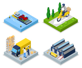 Isometric Delivery Concept. Worldwide Shipping. Warehouse, Freight Transportation. Vector flat 3d illustration