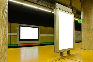 Two Blank Subway Advertisements in Brightly Colored Space Urban Environment