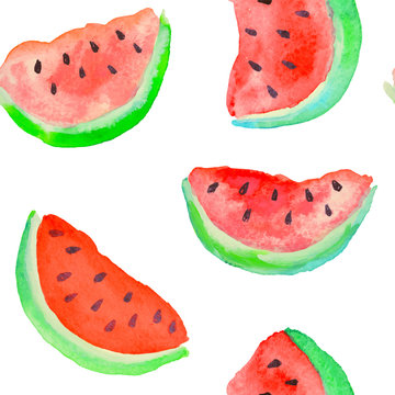 Vector seamless pattern with watercolor slices of watermelon on white background