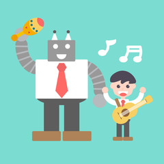 Businessman And Robot Enjoy, Vector Illustration. Flat Design Elements.