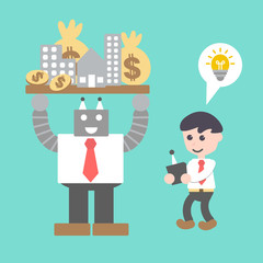 Businessman And Robot Power Up building, Vector Illustration. Flat Design Elements.