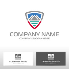 Logo design with mountains and river. Vector illustration