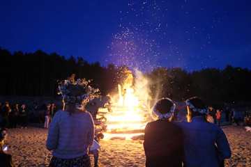 A large fire at the celebration of the summer solstice on the shore of the Gulf of Riga. Latvia.
