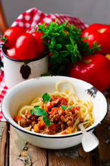 Spaghetti with sauce a bolognese.