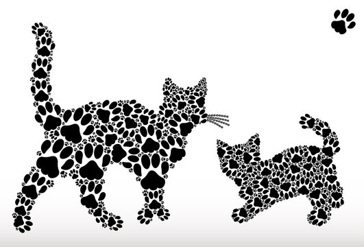 Silhouettes of cat and kitten of traces of cat paws.