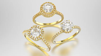 3D illustration three different yellow gold diamonds rings with reflection