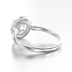 3D illustration white gold or silver ring with diamonds back view with reflection on