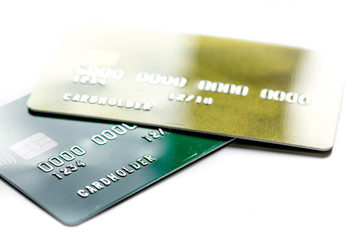 work place with business credit cards for payment on white desk background close up