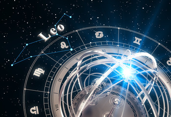 Zodiac Sign Leo And Armillary Sphere On Black Background