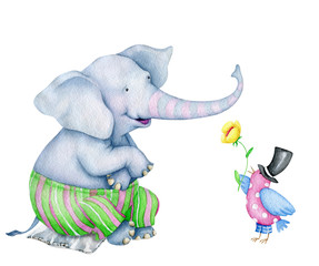 Funny Elephant and Cute Bird with flower
