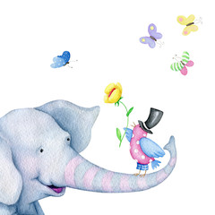 Funny Elephant and Cute Bird with flower
