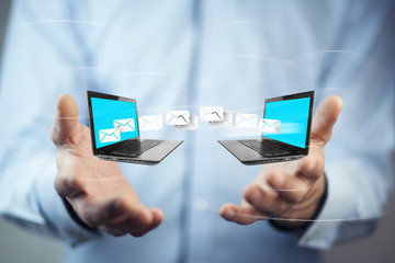 Man hand notebooks and correspondence in screen