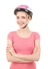 Beautiful young bicycle rider with helmet on white background