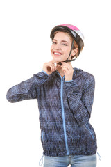 Beautiful young bicycle rider with helmet on white background