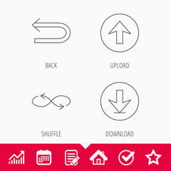 Arrows icons. Download, repeat and shuffle linear signs. Upload, back arrow flat line icons. Edit document, Calendar and Graph chart signs. Star, Check and House web icons. Vector