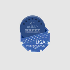 Vector flat web element for Independence Day with blue pocket, dark blue round insert and text on the light gray background.